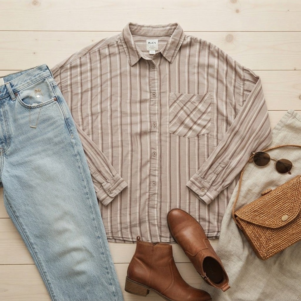 RVCA Womens Tan Striped Gauze Button Down Shirt Oversized Long Sleeve Large